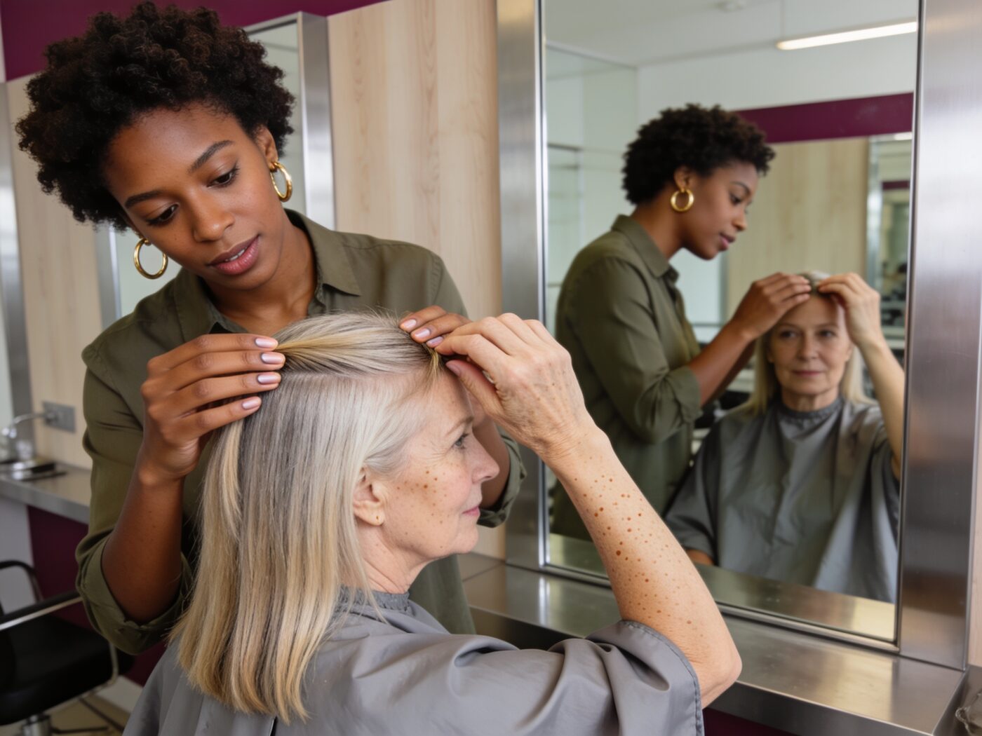 A stylist and client reviewing the client's hairline together at the mirror