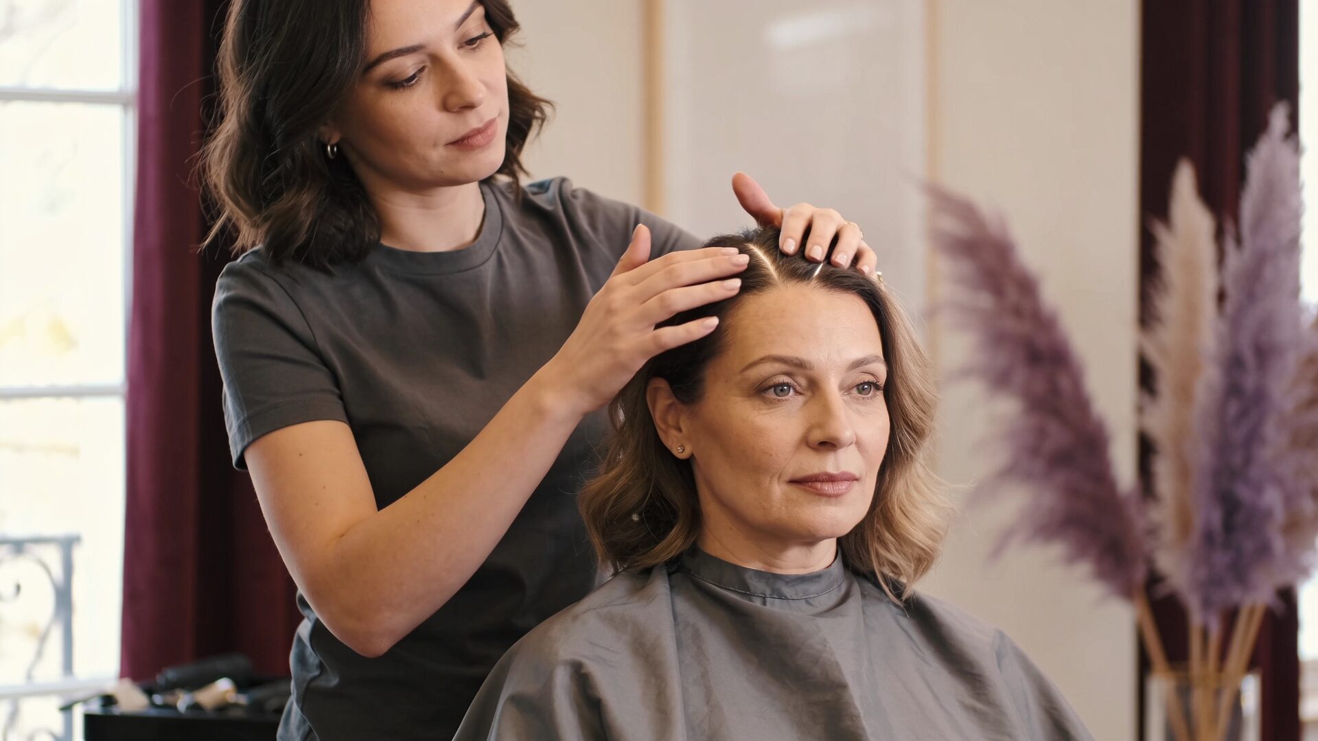 A stylist looking closely at a client's scalp and hairline in a bright modern salon