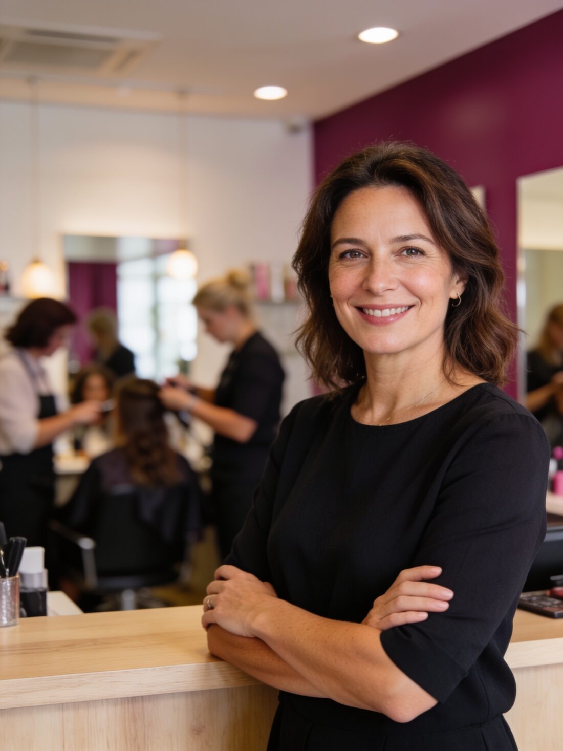 A salon owner at the front desk of a busy salon